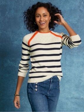 TALBOTS, Cable Knit, 100% Cotton Zip Detail Sweater Fisherman Stripe Sz LP, NWOT